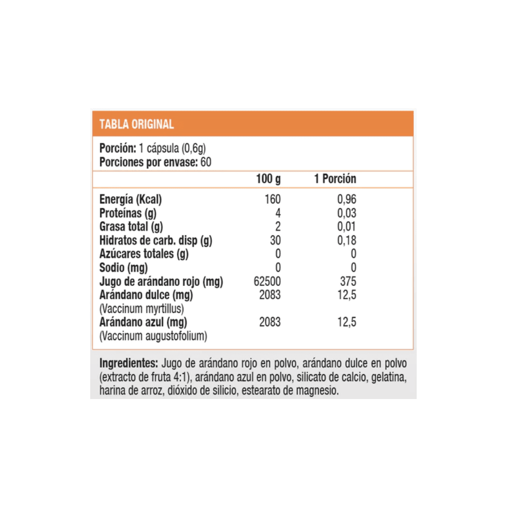 Tabla Nutricional Suplemento Alimenticio Cranberry Plus Sunvit