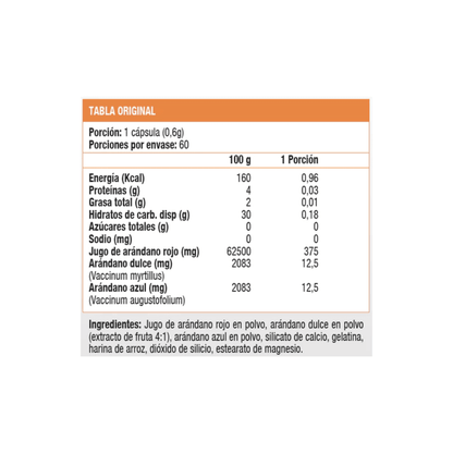 Tabla Nutricional Suplemento Alimenticio Cranberry Plus Sunvit