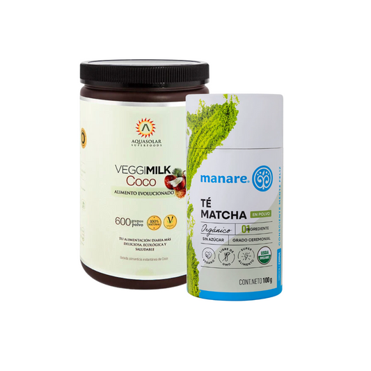 Veggi Milk Coco 600g Aquasolar + Té Matcha Orgánico Manare 100g - Pack