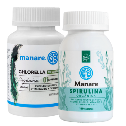 Pack Spirulina + Chlorella Orgánicas Manare | 2 Frascos